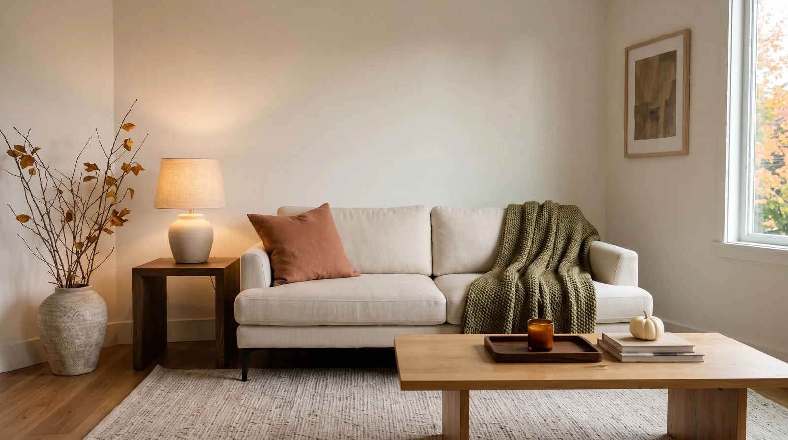 Cozy fall living room with a beige sofa, warm rust throw blanket, low lighting, and simple neutral decor.